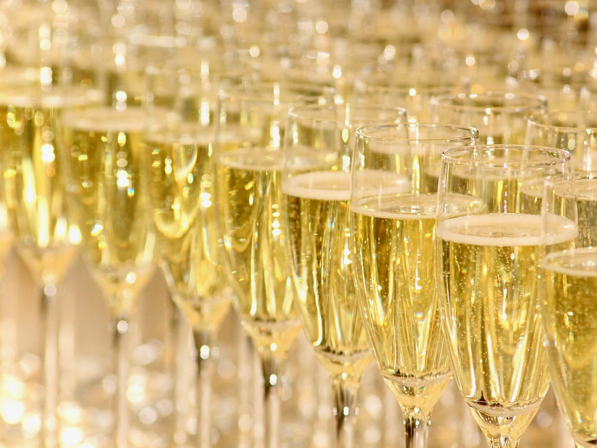 Many glasses of sparkling wine or champagne.